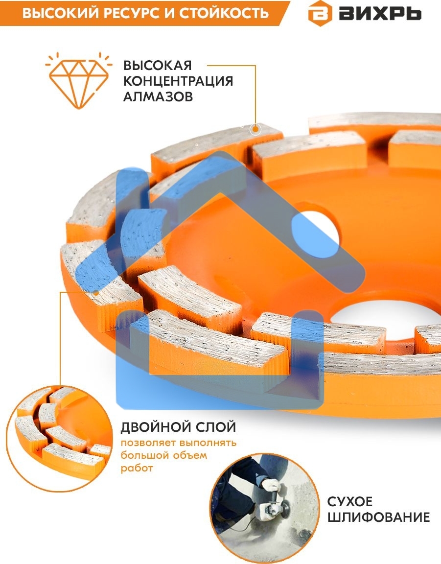 Чашка алмазная зачистная 125мм двухрядная Вихрь 73/10/3/6