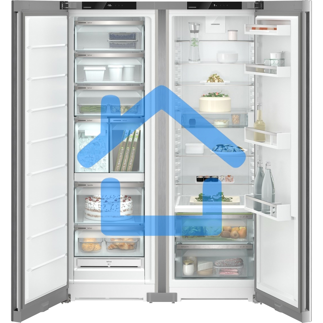 Холодильник Liebherr Комбинация XRFsf 5245-22 001(SFNsfd 5247-22 001 + SRBsfc 5220-22 001) серебристый двухкамерный 377/262л морозилка сбоку, Side by Side