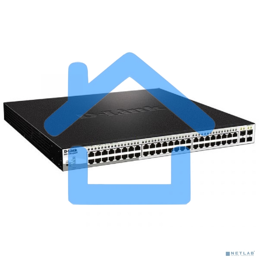Настраиваемый коммутатор D-Link DGS-1210-52MPP/E2A PROJ WebSmart с 48 портами 10/100/1000Base-T и 4 портами 1000Base-X SFP (порты 1-48 с поддержкой PoE 802.3af/802.3at (30 Вт), PoE-бюджет 740 Вт)