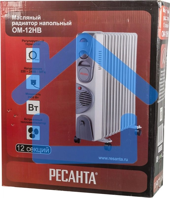 Обогреватель масляный Ресанта ОМ-12НВ (12 секций) белый, 2900 Вт, 25 м2, термостат 67/3/12