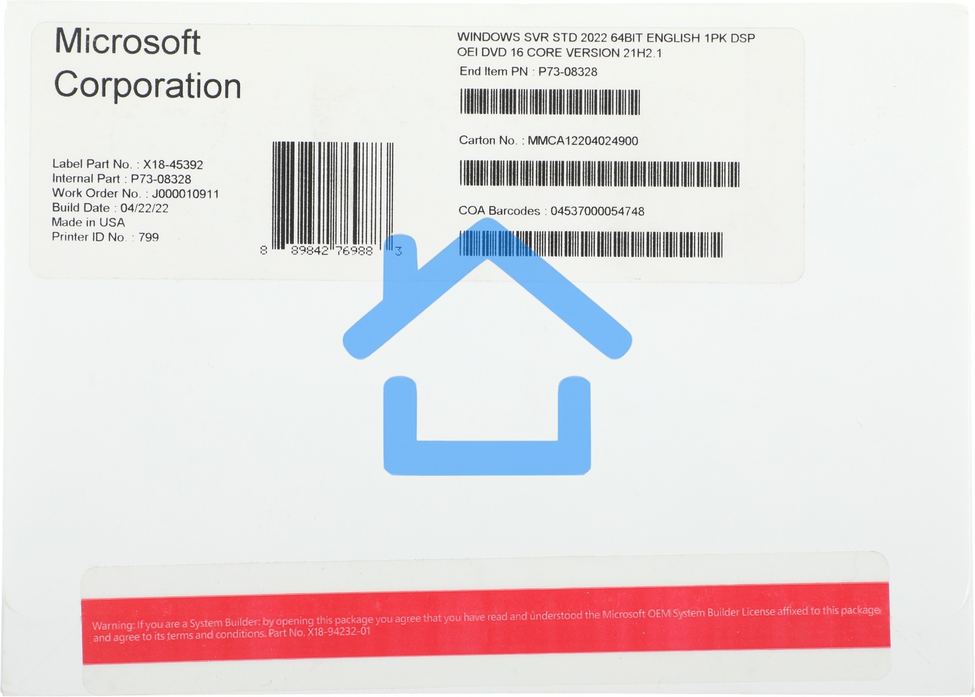 ПО Windows Svr Std 2022 64Bit English 1pk DSP OEI DVD 16 Core