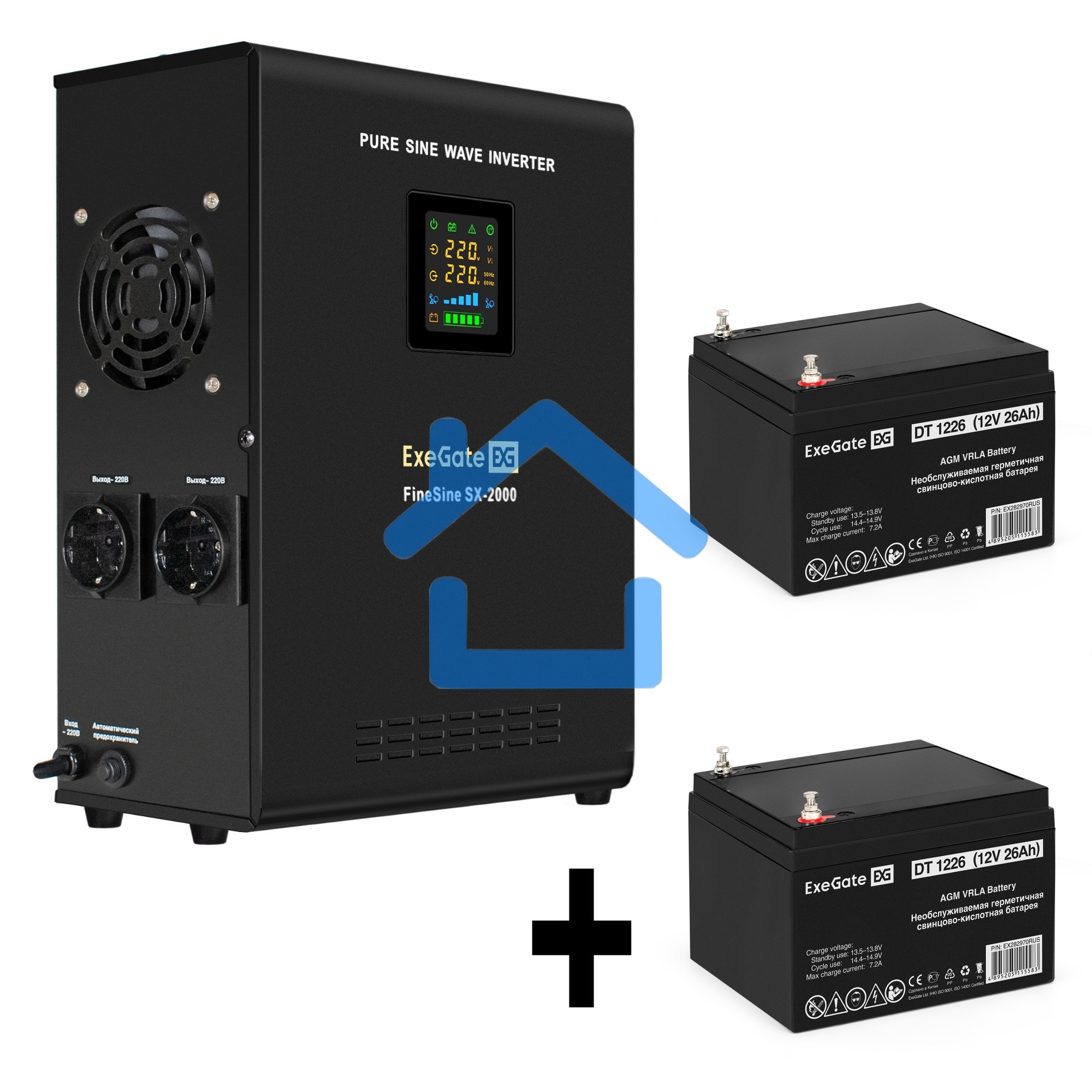 Комплект Источник бесперебойного питания EX296001RUS + батарея 26Aч EX282970RUS 2шт (инвертор, синус, для котла, настенный) ExeGate FineSine SX-2000.LCD.AVR.2SH <2000VA/1400W, чистая синусоида, цветной LCD-дисплей, AVR, 2*Schuko, линейно-интерактивный, кр