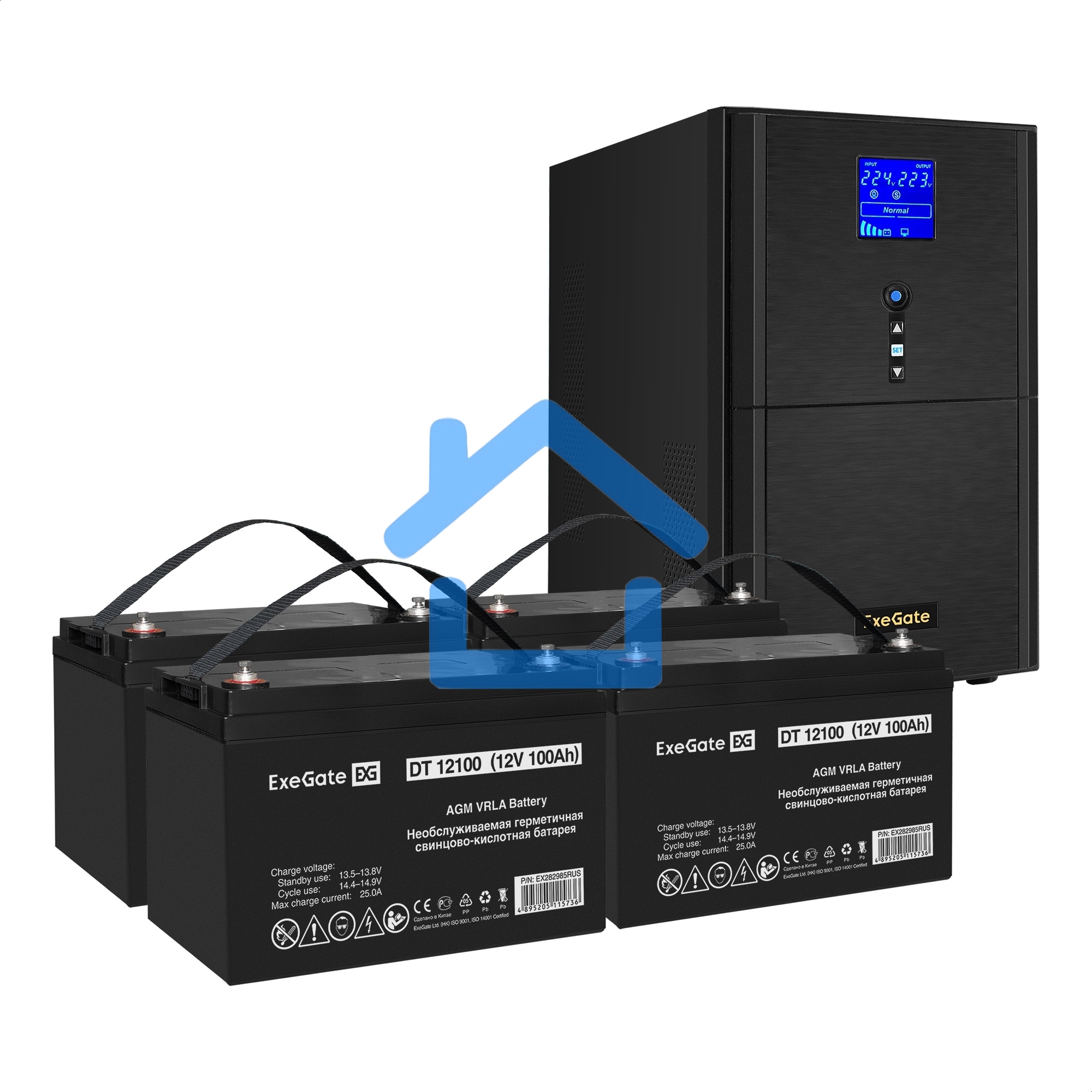 Комплект ИБП EX295990RUS + батарея 100Aч EX282985RUS 4шт (инвертор, синус, для котла) ExeGate SineTower SZ-3000.LCD.AVR.3SH.1C13.RJ.USB <3000VA/2400W, чистый синусоида, LCD дисплей, AVR, 3*Schuko+1*C13, RJ45/11, USB, линейно-интерактивный, черный> + батар