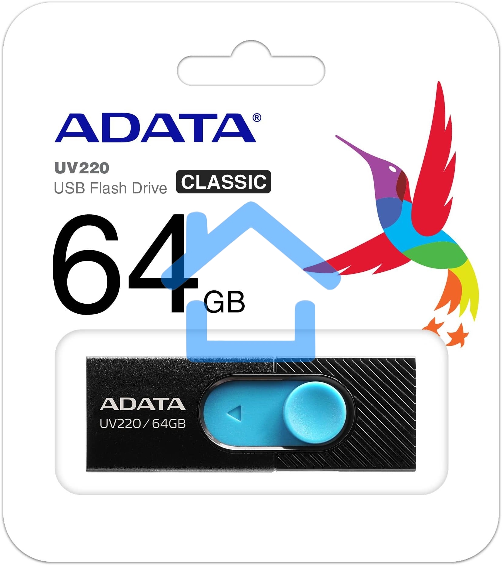 Флешка USB R/W ADATA R/W 64Gb ADATA UV220, USB 2.0, черный/голубой