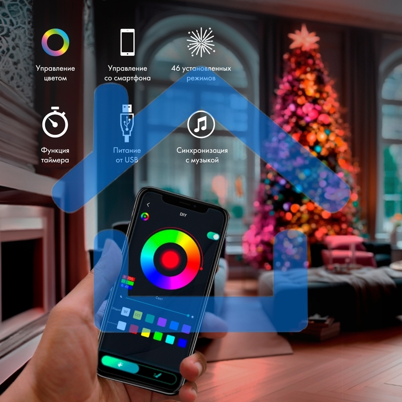 Гирлянда смарт Нить из росы с крупными светодиодами 10м, 100LED RGB, IP20, прозрачный провод, USB