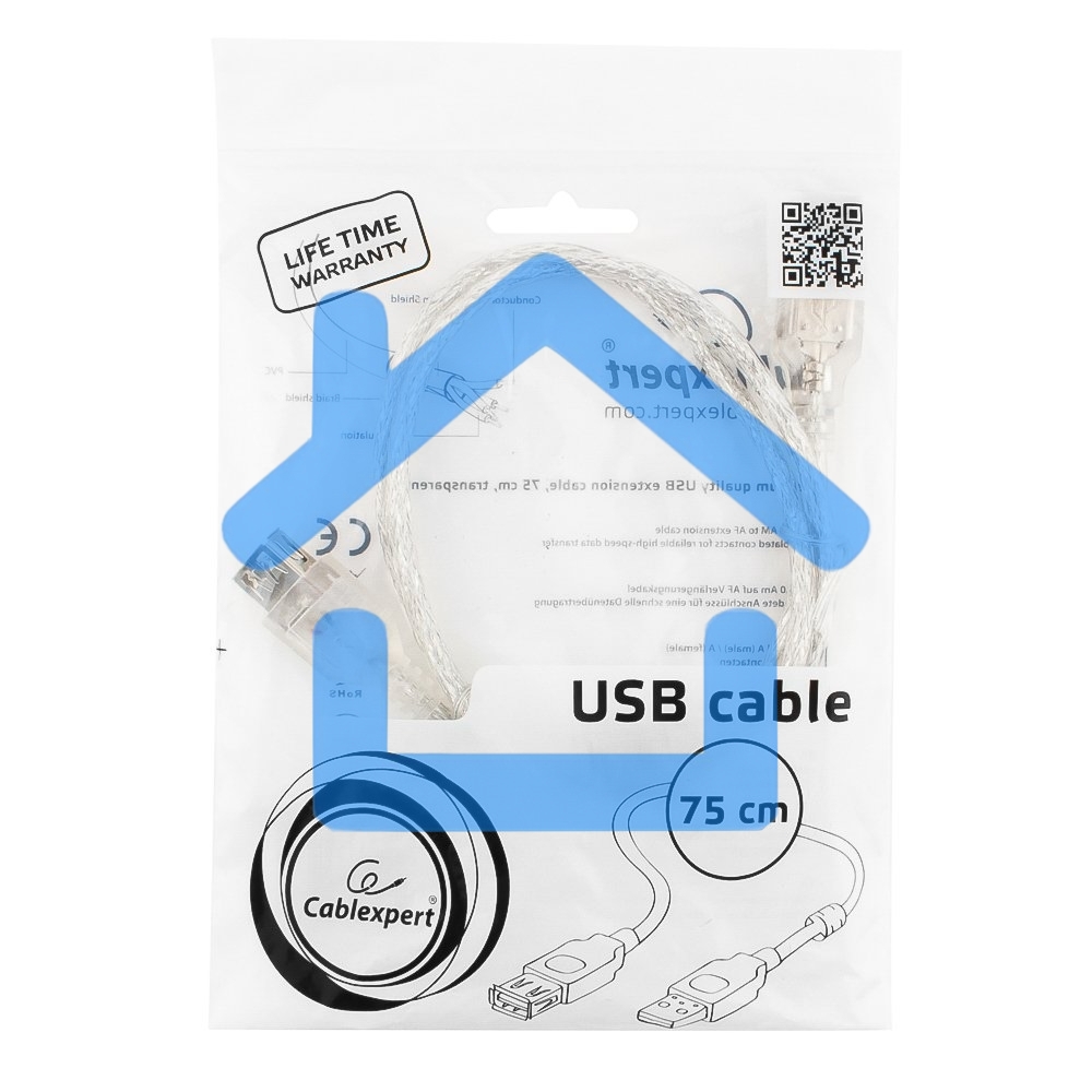 Кабель удлинитель USB2.0 Pro Cablexpert CCF-USB2-AMAF-TR-0.75M, AM/AF, 0,75м, экран, 2феррит.кольца, прозрачный, пакет