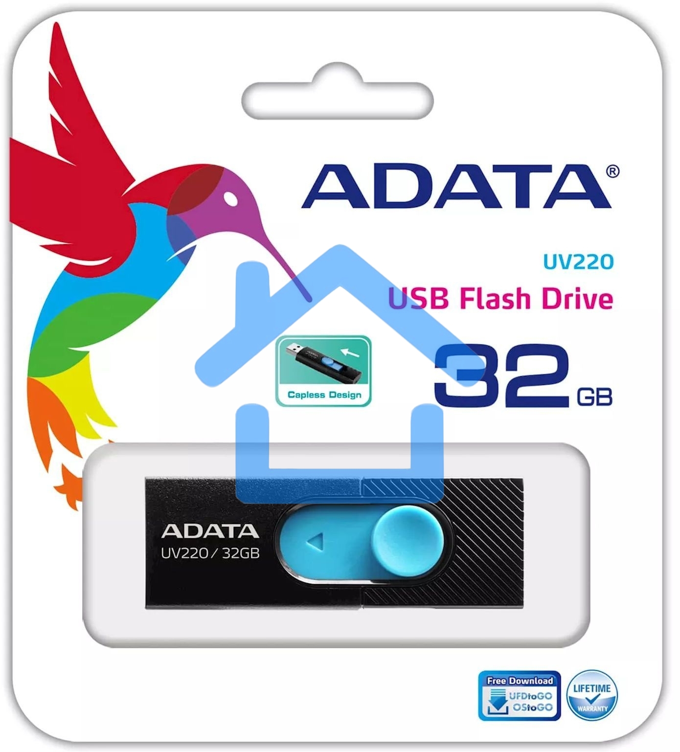 Флешка USB R/W ADATA R/W 32Gb ADATA UV220, USB 2.0, черный/голубой