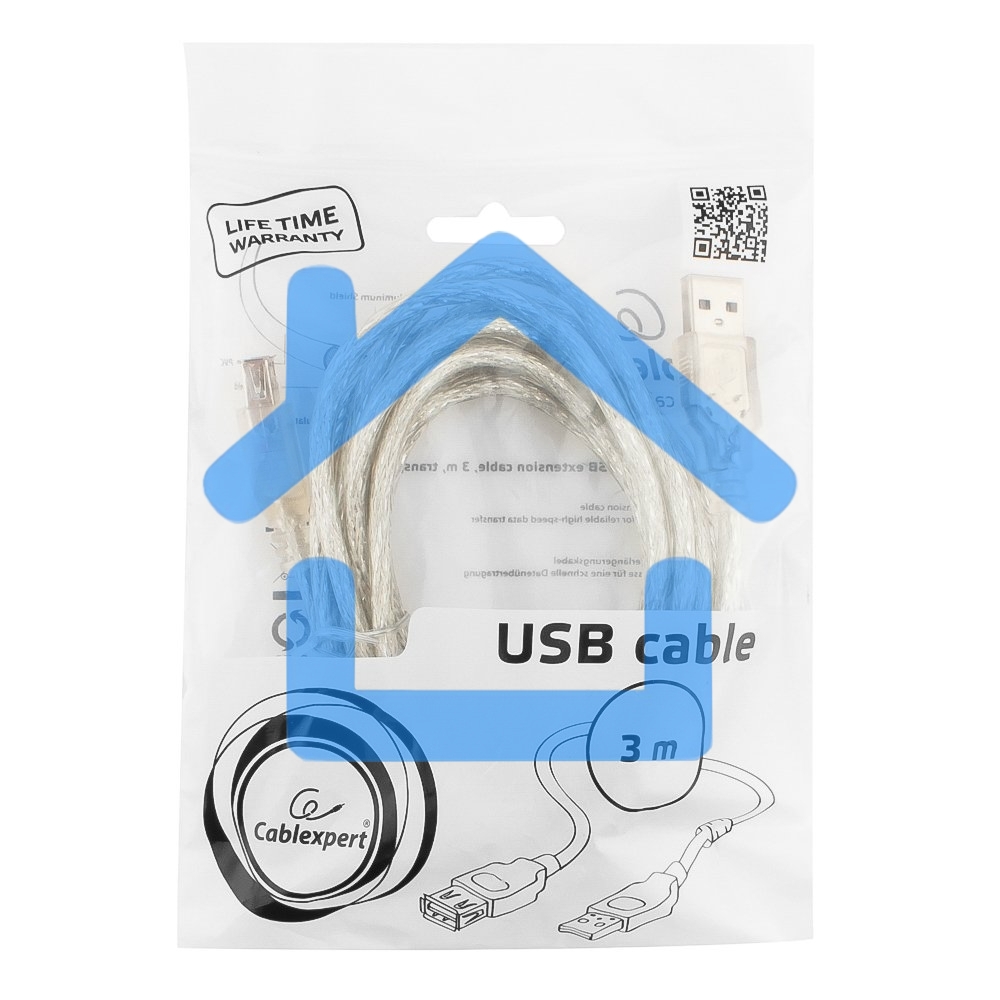 Кабель Cablexpert USB2.0 Pro, AM/AF, 3м, экран, 2 феррит.кольца, прозрачный (CCF-USB2-AMAF-TR-10)
