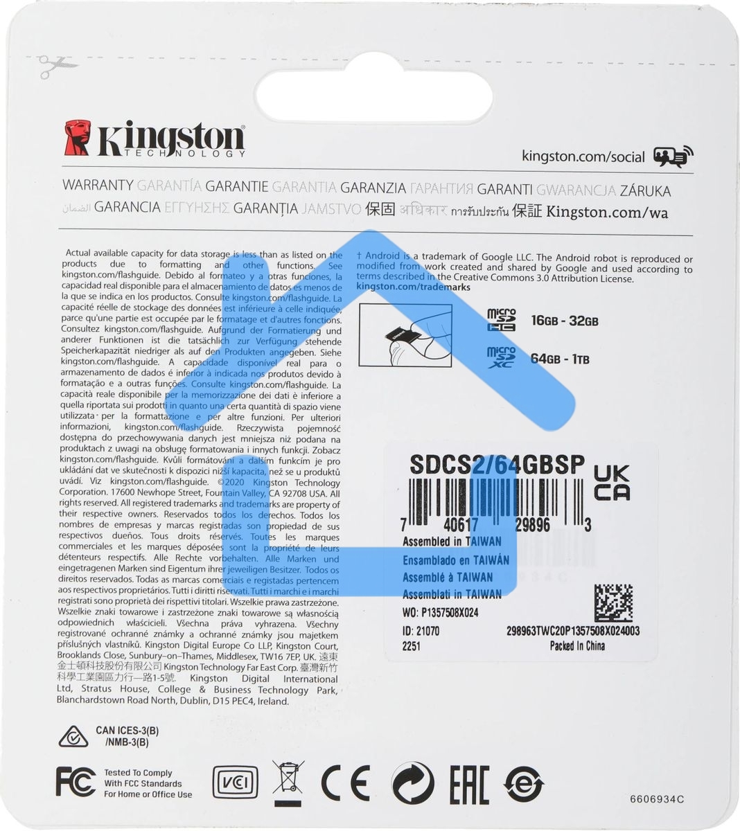 Флеш карта microSDHC 64Gb microSDXC Class10 Kingston <SDCS2/64GbSP> Class10 UHS-I Canvas Select up to 100MB/s