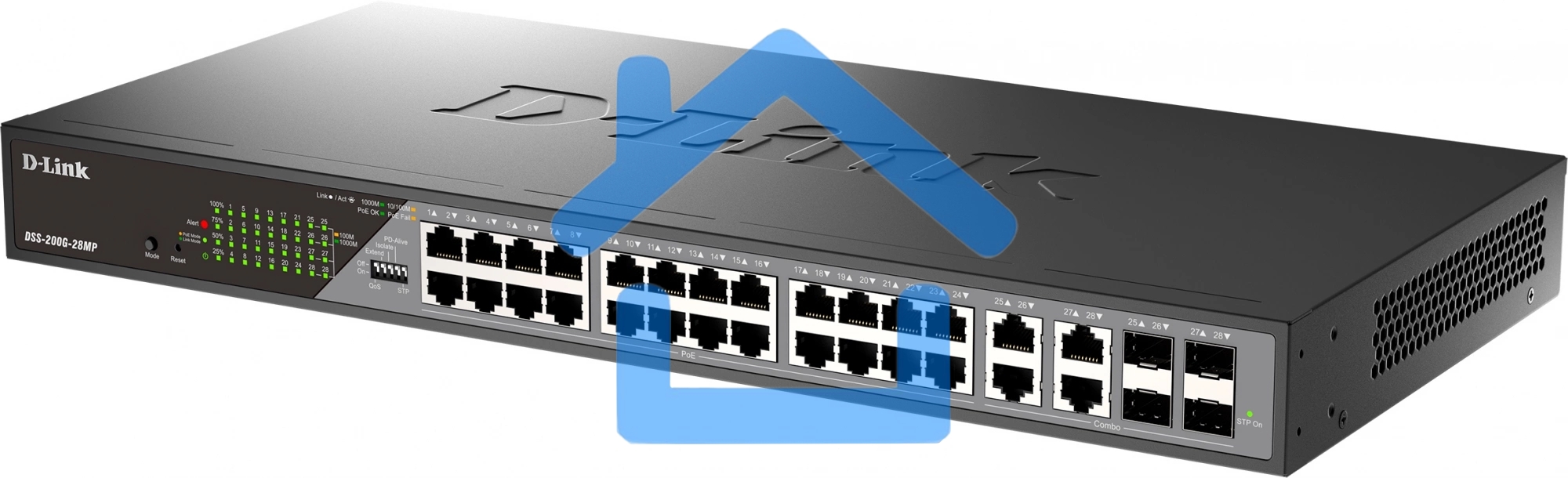 Сетевой коммутатор Smart L2 Surveillance Switch 24х1000Base-T PoE, 4xCombo 1000Base-T/SFP, PoE Budget 370W, Long-range PoE up to 250m