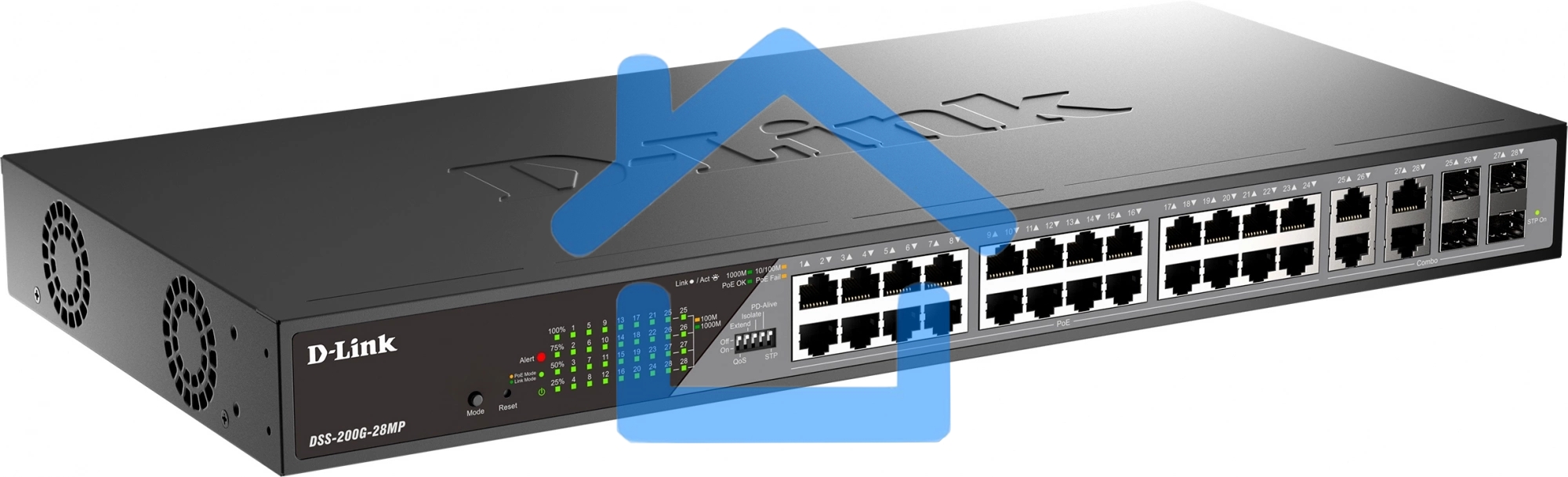 Сетевой коммутатор Smart L2 Surveillance Switch 24х1000Base-T PoE, 4xCombo 1000Base-T/SFP, PoE Budget 370W, Long-range PoE up to 250m