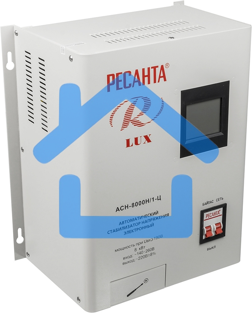 Стабилизатор напряжения Ресанта АСН-8 000 Н/1-Ц 63/6/17 Стабилизатор Lux 220В±8%, Габ. 305х190х360, Вес 15кг