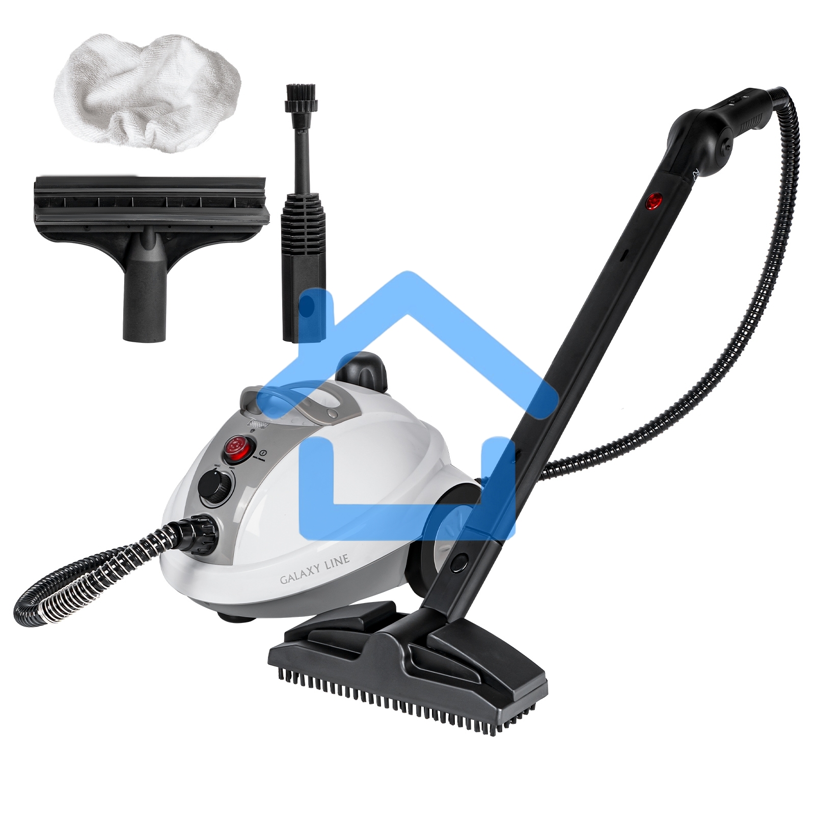 Пароочиститель Galaxy Line GL 6270, белый, 1500 Вт, 700 мл, 3,5 бар, выход пара 65 г/мин, нагрев 10 мин, время раб. до 30 мин, темп. пара 100°С, блокировка подачи пара, регул. выхода пара, защита от перегрева, степень защиты IPX4, аксессуары: насадка для 