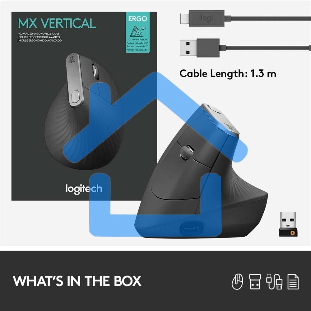 Мышь беспроводная/проводная Logitech MX Vertical графитовый, 4000 dpi, радиоканал, Bluetooth, USB, кнопки - 6