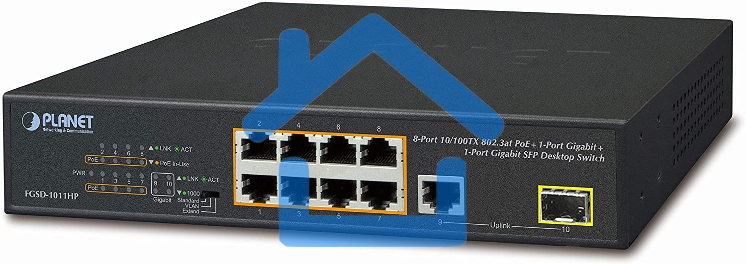 Неуправляемый PoE коммутатор FGSD-1011HP 8-Port 10/100TX 802.3at PoE + 1-Port 10/100/1000T + 1-Port 100/1000X SFP Desktop Switch (120W PoE Budget, Standard/VLAN/Extend mode, 10-inch and rack-mountable)
