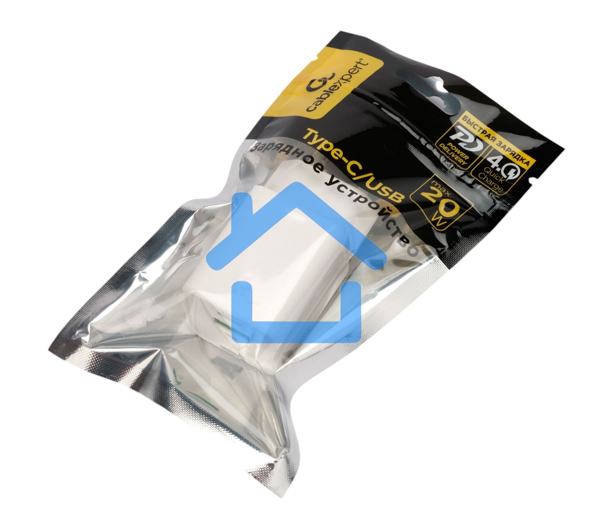 Зарядное устройство Cablexpert MP3A-PC-61, 20Вт GaN, 3А, QC4.0/PD, 1xUSB, 1xType-C, белый, пакет