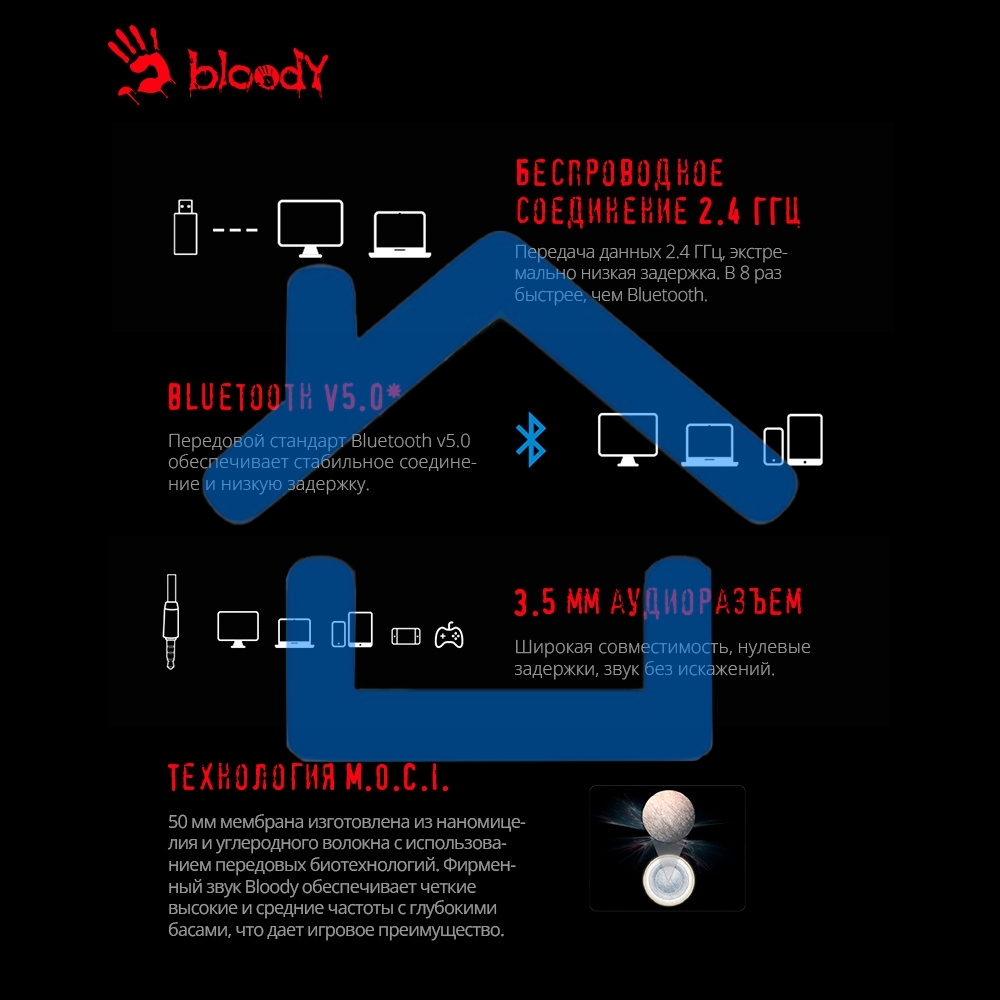 Наушники с микрофоном A4Tech Bloody MR710 серый BT оголовье (MR710 GREY)