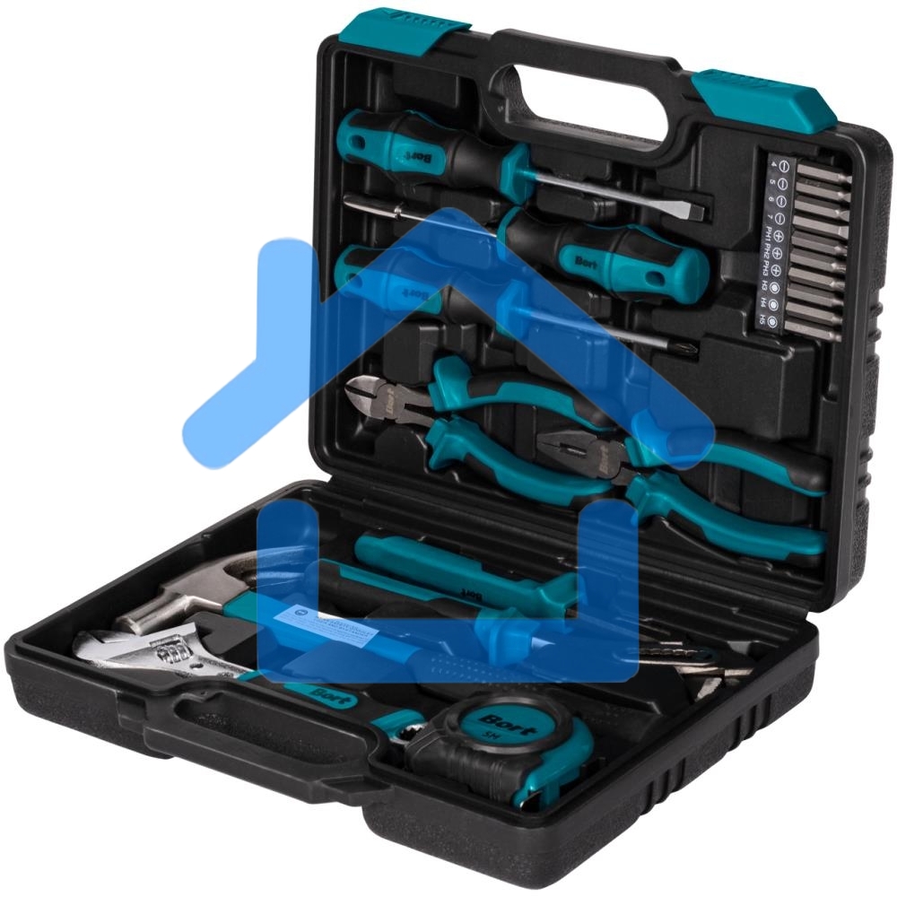 Набор ручного инструмента Bort BTK-19(93412864) Предметов в наборе 19 шт; Материал Сталь; Вес изделия 2,2 кг; Вес брутто=2,64 (Вес нетто=2,64) кг; 36,5 x 6,5 x 22; набор аксессуаров 20 шт; Биты из хромванадиевой стали, Отвертка с двухкомпонентной рукоятко