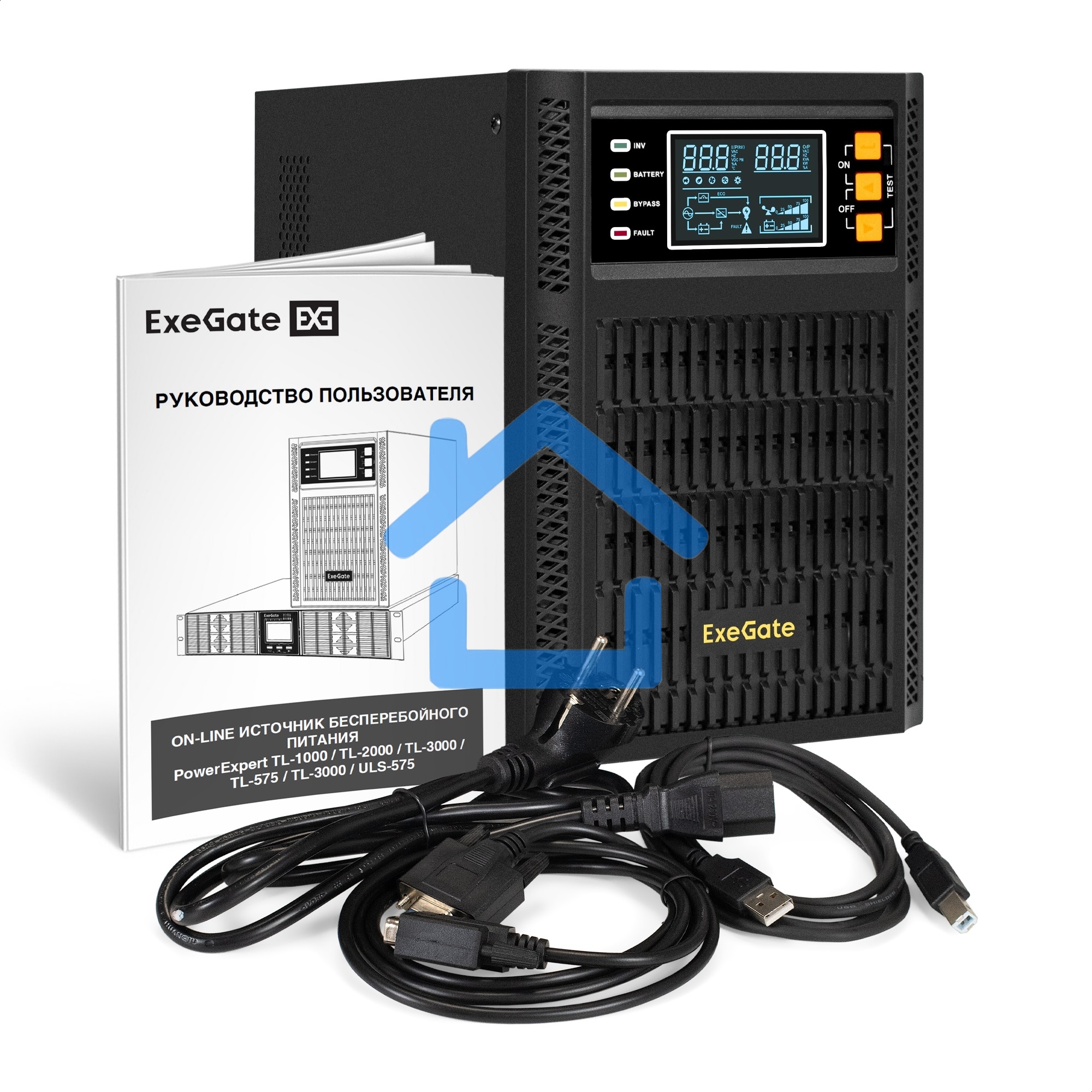 Источник бесперебойного питания On-line ExeGate PowerExpert TL-2000.LCD.AVR.3SH.USB.RS232.SNMP 2000VA/2000W, On-Line, PF=1, LCD, 3*Schuko, RS232, USB, SNMP-slot, встроенные батареи 12V 7.2Ah - 4шт, Tower, металлический корпус, черный