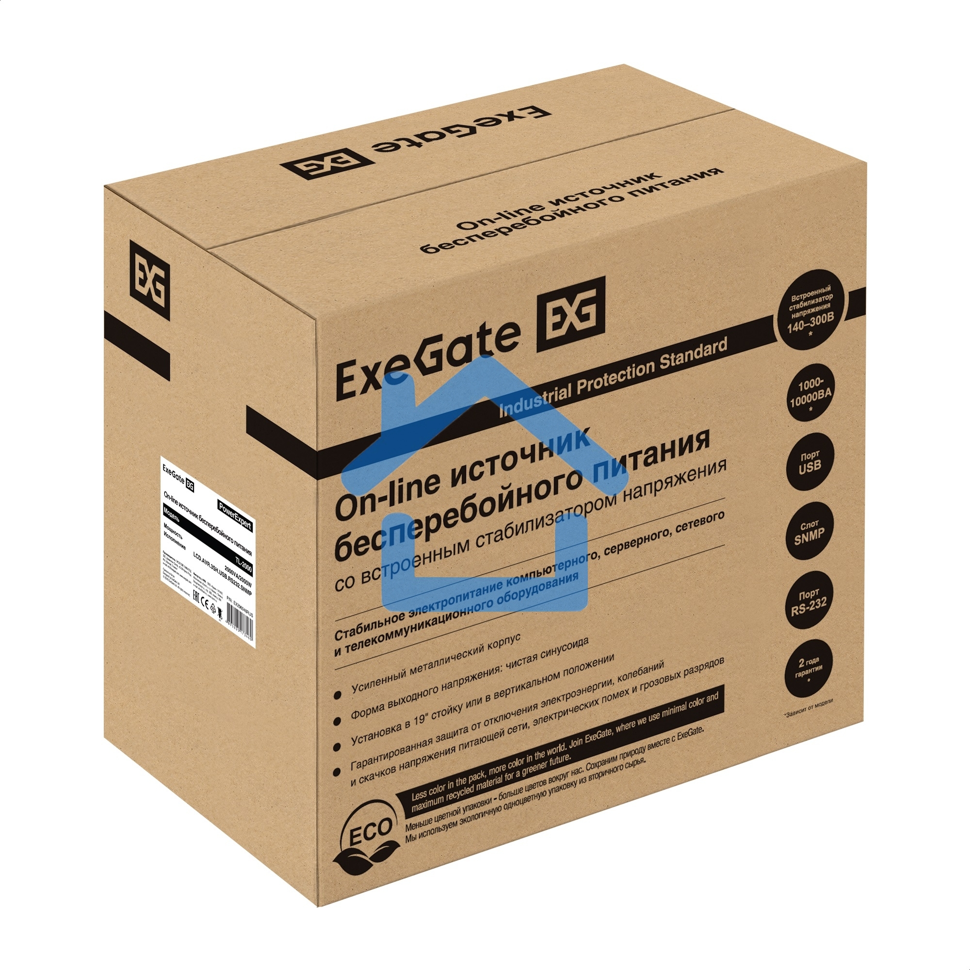 Источник бесперебойного питания On-line ExeGate PowerExpert TL-2000.LCD.AVR.3SH.USB.RS232.SNMP 2000VA/2000W, On-Line, PF=1, LCD, 3*Schuko, RS232, USB, SNMP-slot, встроенные батареи 12V 7.2Ah - 4шт, Tower, металлический корпус, черный