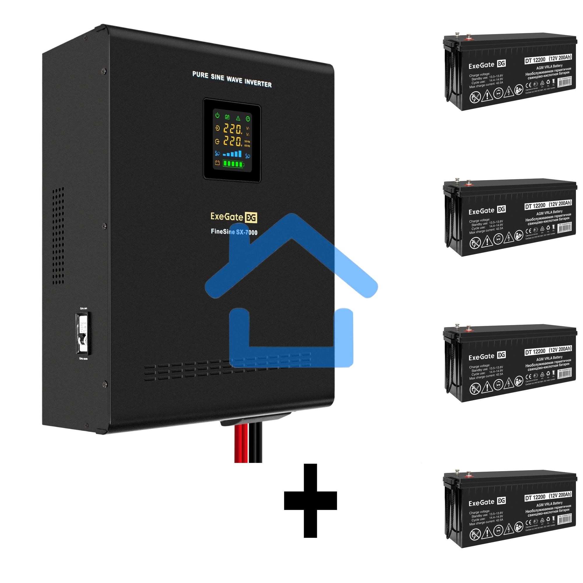 Комплект ИБП EX296005RUS + батарея 200Aч EX282991RUS 4шт (инвертор, синус, для котла, настенный) ExeGate FineSine SX-7000.LCD.AVR.2SH.T <7000VA/5000W, чистая синусоида, цветной LCD-дисплей, AVR, 2*Schuko+клеммы, линейно-интерактивный, крепление настенное,