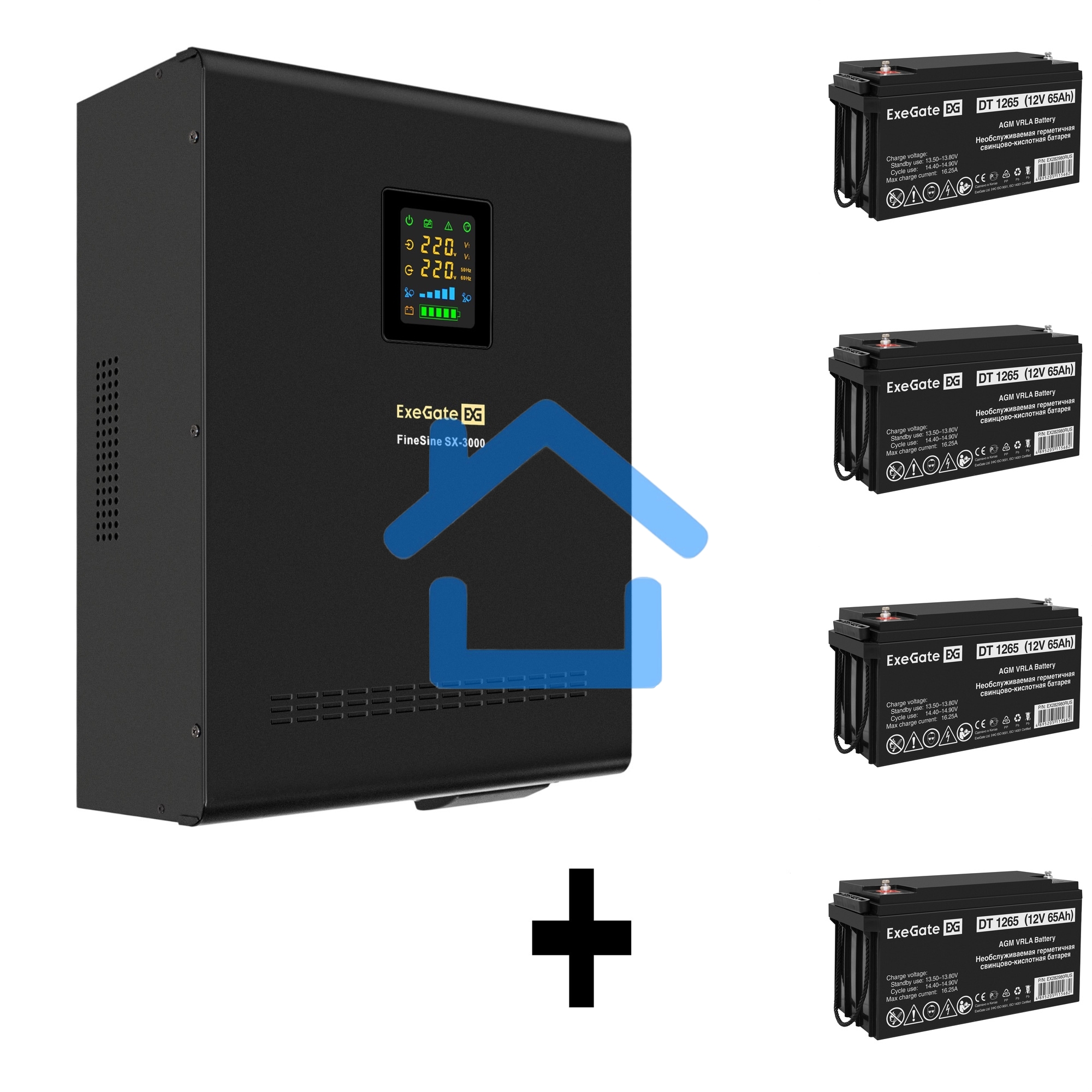 Комплект ИБП EX296003RUS + батарея 65Aч EX282980RUS 4шт (инвертор, синус, для котла, настенный) ExeGate FineSine SX-3000.LCD.AVR.2SH.T <3000VA/2100W, чистая синусоида, цветной LCD-дисплей, AVR, 2*Schuko+клеммы, линейно-интерактивный, крепление настенное, 