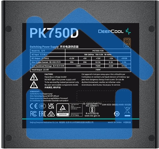 Блок питания Deepcool / GamerStorm PK750D, 750Вт, 80 PLUS Bronze, 120мм, черный