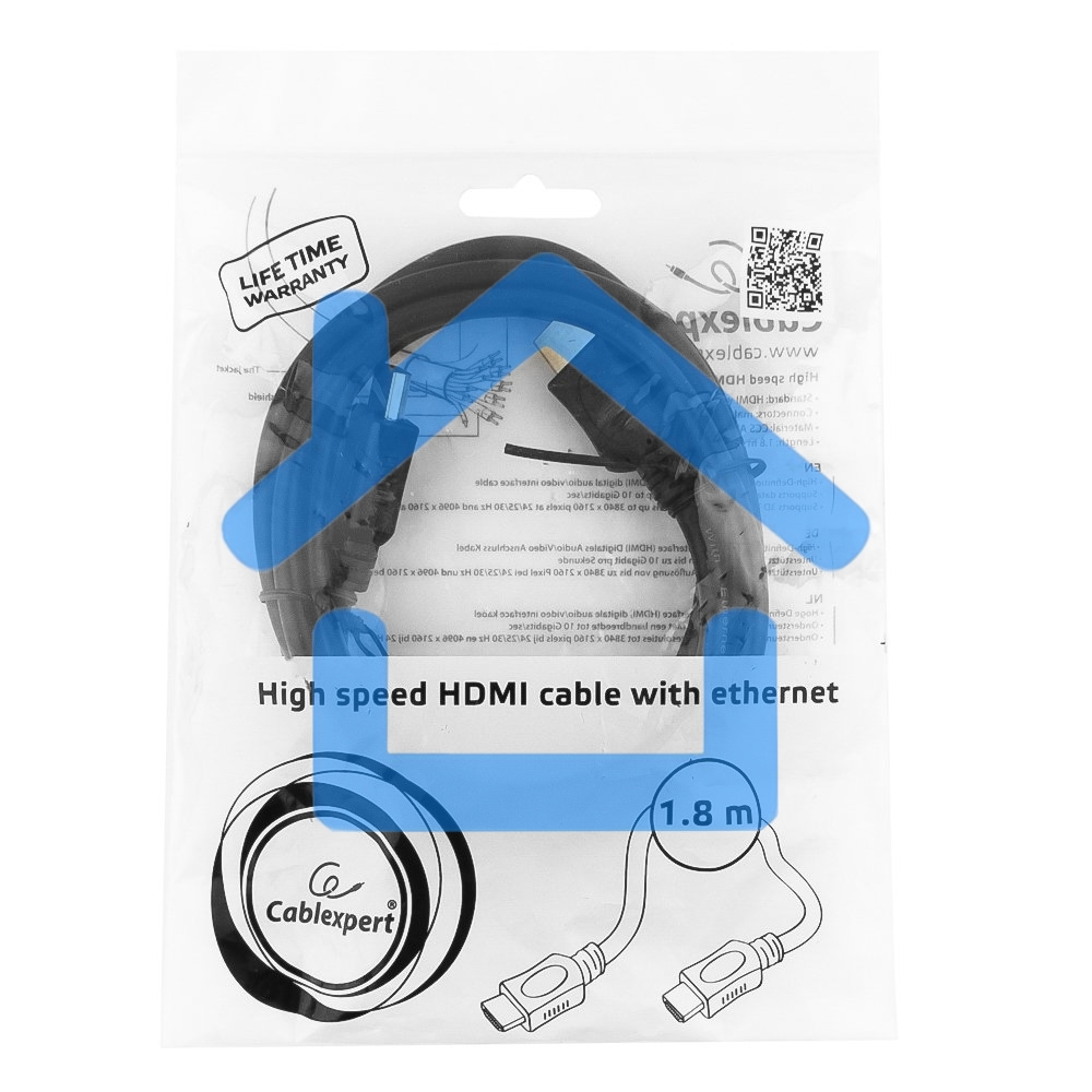Кабель Cablexpert HDMI CC-HDMI4L-6, 19M/19M, v2.0, серия Light, позол.разъемы, экран, 1.8м, черный, пакет