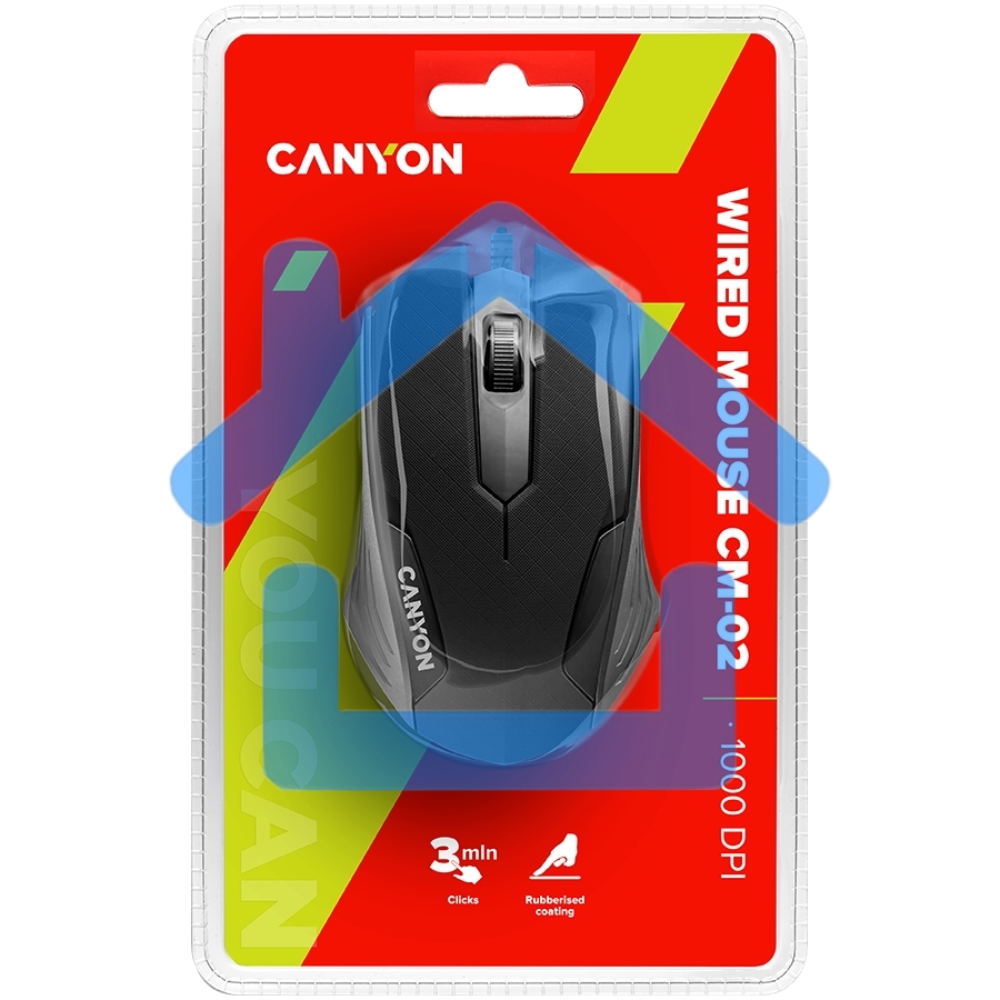 Мышь проводная Canyon CM-02 черный, 1000 dpi, USB, кнопки - 3