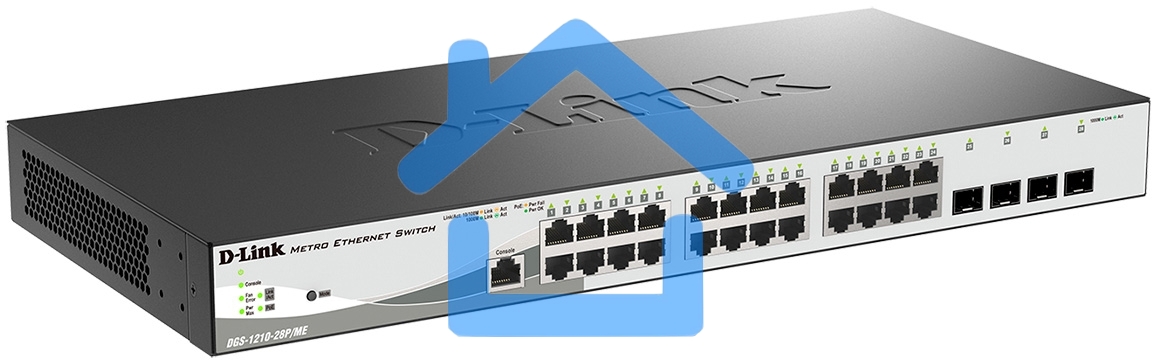 Управляемый коммутатор D-Link DGS-1210-28P/ME/B2A 2 уровня с 24 портами 10/100/1000Base-T и 4 портами 1000Base-X SFP (24 порта с поддержкой PoE 802.3af/802.3at (30 Вт), PoE-бюджет 193 Вт)