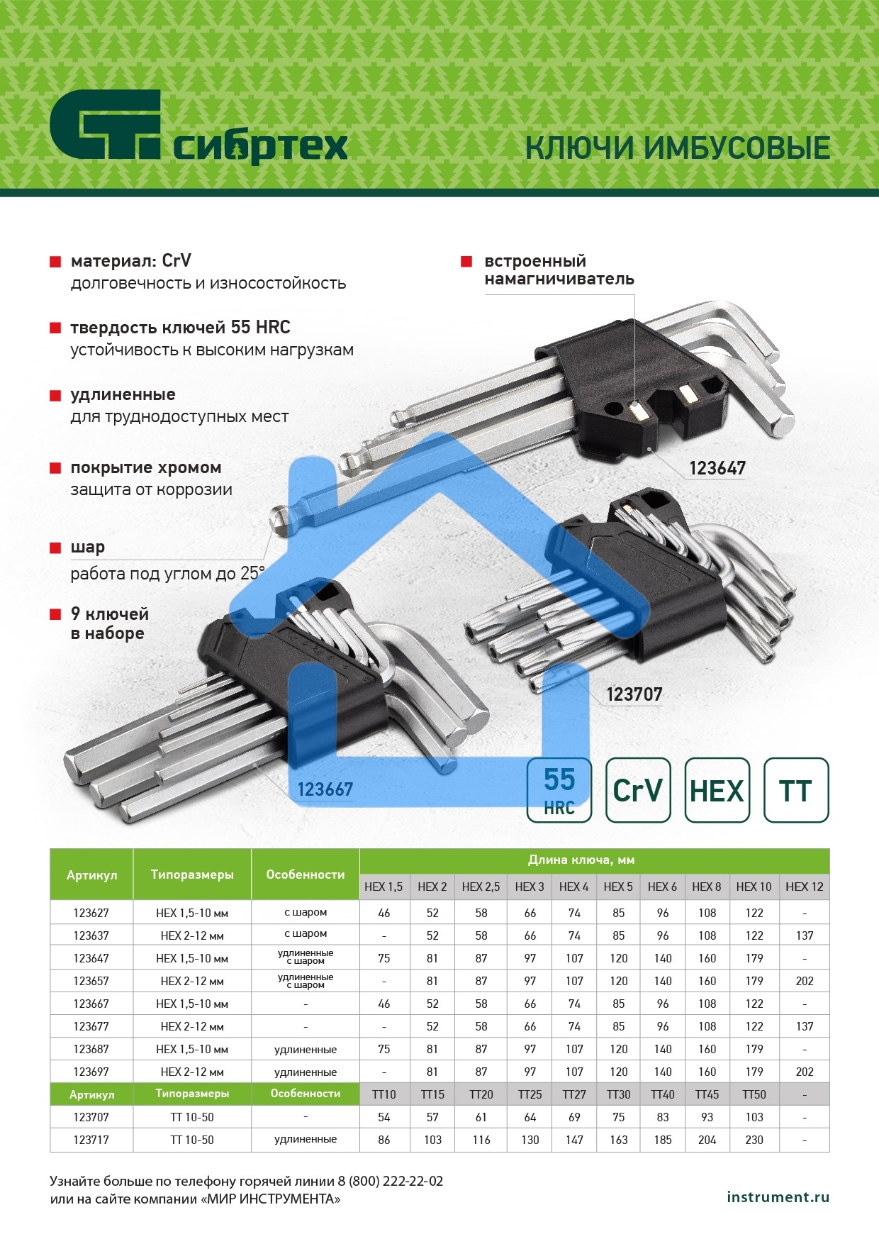 Набор ключей имбусовых, HEX, 2-12 мм, CrV, 9 шт., удлиненные Сибртех