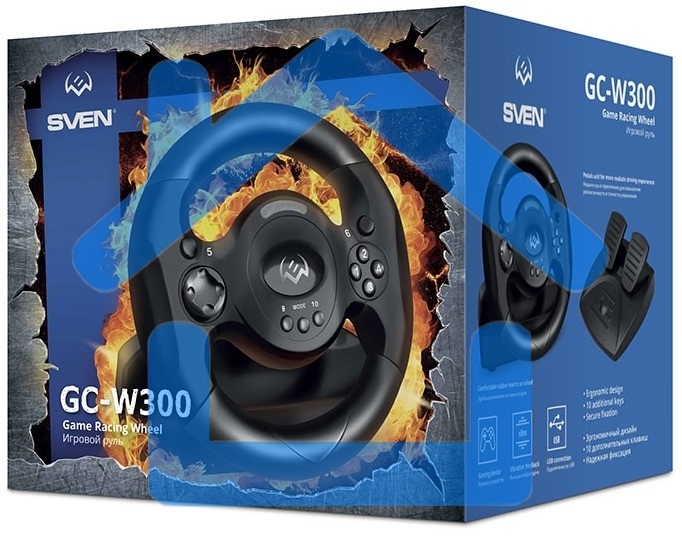 Руль SVEN GC-W300 (педали, вибро, лепестки, D-pad, 10 кл, резин. вставки, PC, цифр. и аналог.