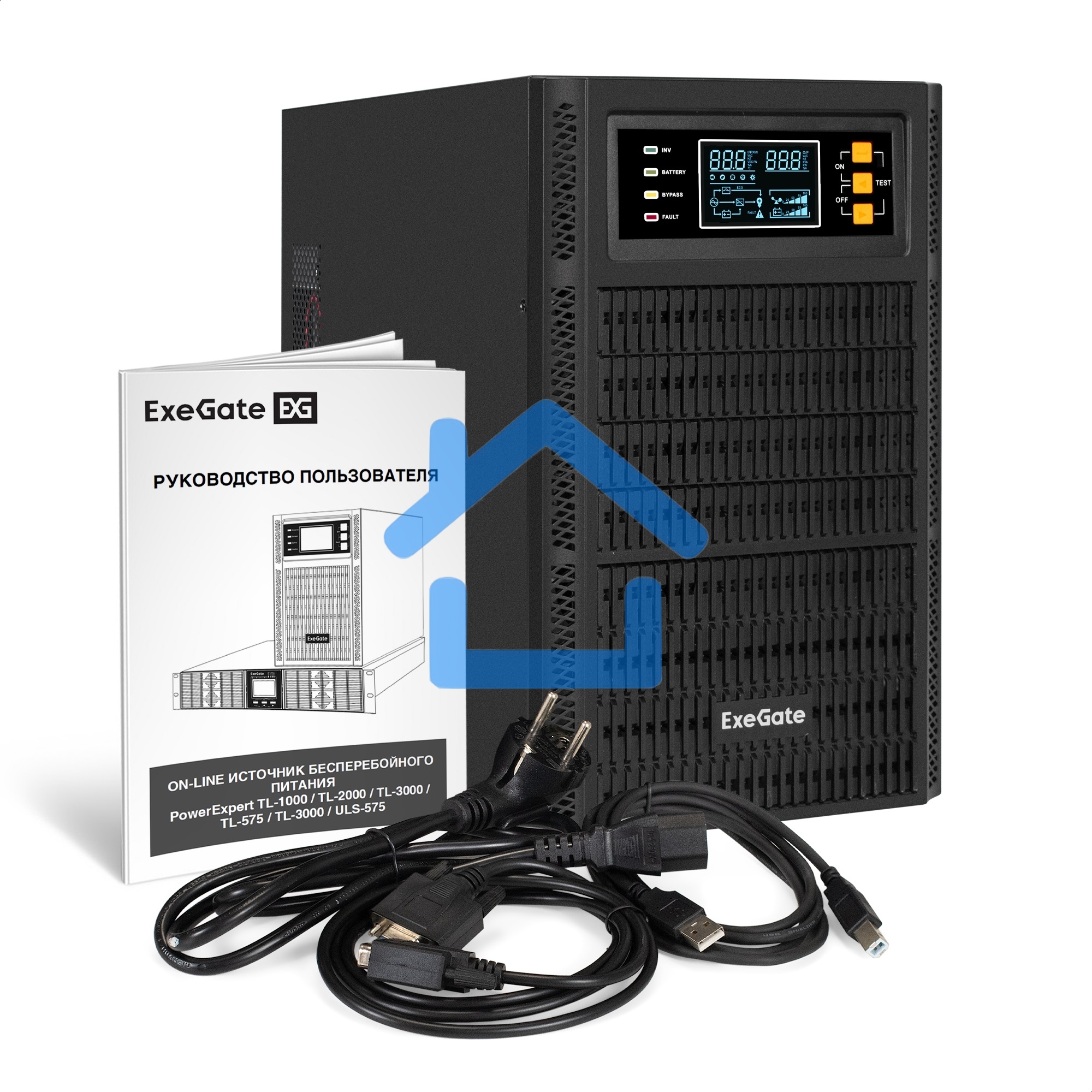 Источник бесперебойного питания On-line ExeGate PowerExpert TL-3000.96V.LCD.AVR.3SH.USB.RS232.SNMP 3000VA/3000W, On-Line, PF=1, LCD, 3*Schuko, RS232, USB, SNMP-slot, встроенные батареи 12V 7.2Ah - 8шт, возможность подключения до 4 внешних батарейных блоко