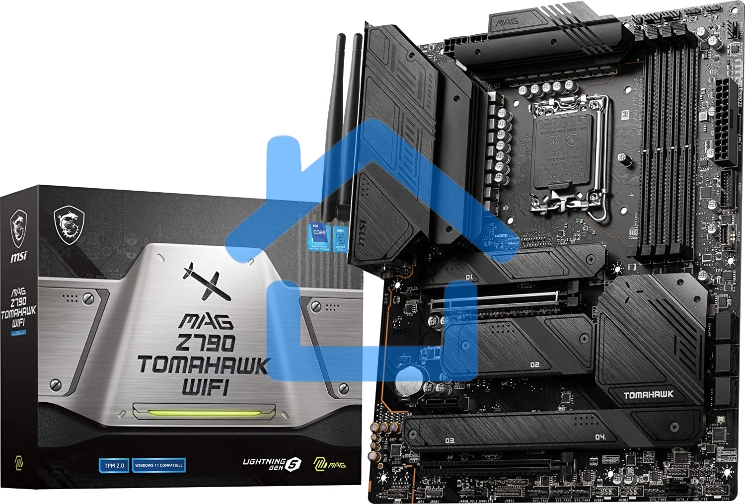 Материнская плата MSI MAG Z790 TOMAHAWK WIFI, LGA 1700, Intel Z790, 4xDDR5, 7xSATA, 4xM.2, 1xPCIe 4.0 x4, 1xPCIe 5.0 x16, 1xHDMI, 1xDP, 1x2.5Gb LAN, 4xUSB-A 3.2 Gen 1, 4xUSB-A 3.2 Gen 2, 1xUSB-C 3.2 Gen 2, 1xUSB-C 3.2 Gen 2x2, 5x3.5 мм, 7.1, Standard-ATX