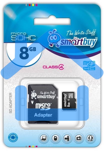 Флеш карта microSD 8Gb, Smartbuy microSDHC Class 10 (SD адаптер)