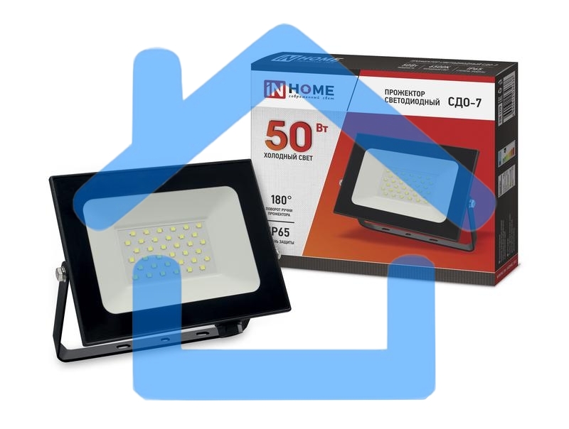 Прожектор светодиодный СДО-7 50Вт 230В 6500К IP65 черный IN HOME 4690612034638