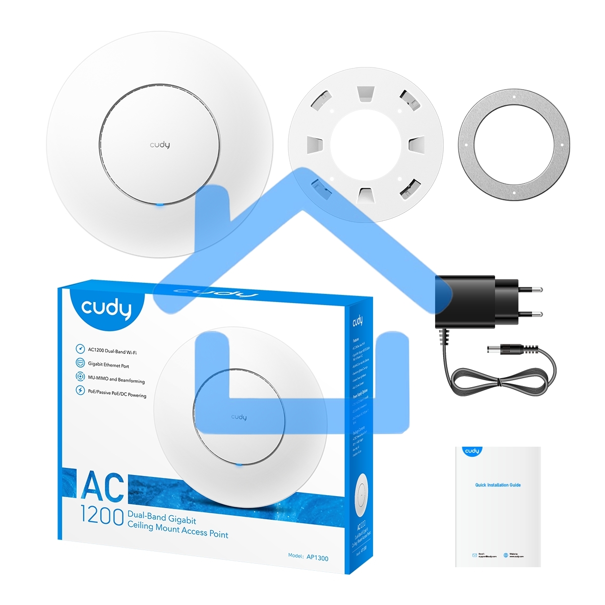Точка доступа CUDY AC1200 Dual Band Gigabit Ceiling Mount Access Point, MT7621DAN+MT7613B+MT7603E, 867Mbps at 5GHz + 300Mbps at 2.4GHz, 1 x GbE RJ45 Port, Support 12V DC or 802.3af PoE or Passive PoE, Internal Antennas, 48V passive PoE adapter included, C
