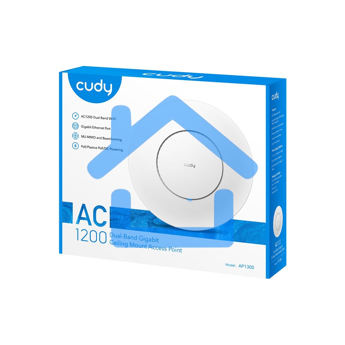 Точка доступа CUDY AC1200 Dual Band Gigabit Ceiling Mount Access Point, MT7621DAN+MT7613B+MT7603E, 867Mbps at 5GHz + 300Mbps at 2.4GHz, 1 x GbE RJ45 Port, Support 12V DC or 802.3af PoE or Passive PoE, Internal Antennas, 48V passive PoE adapter included, C