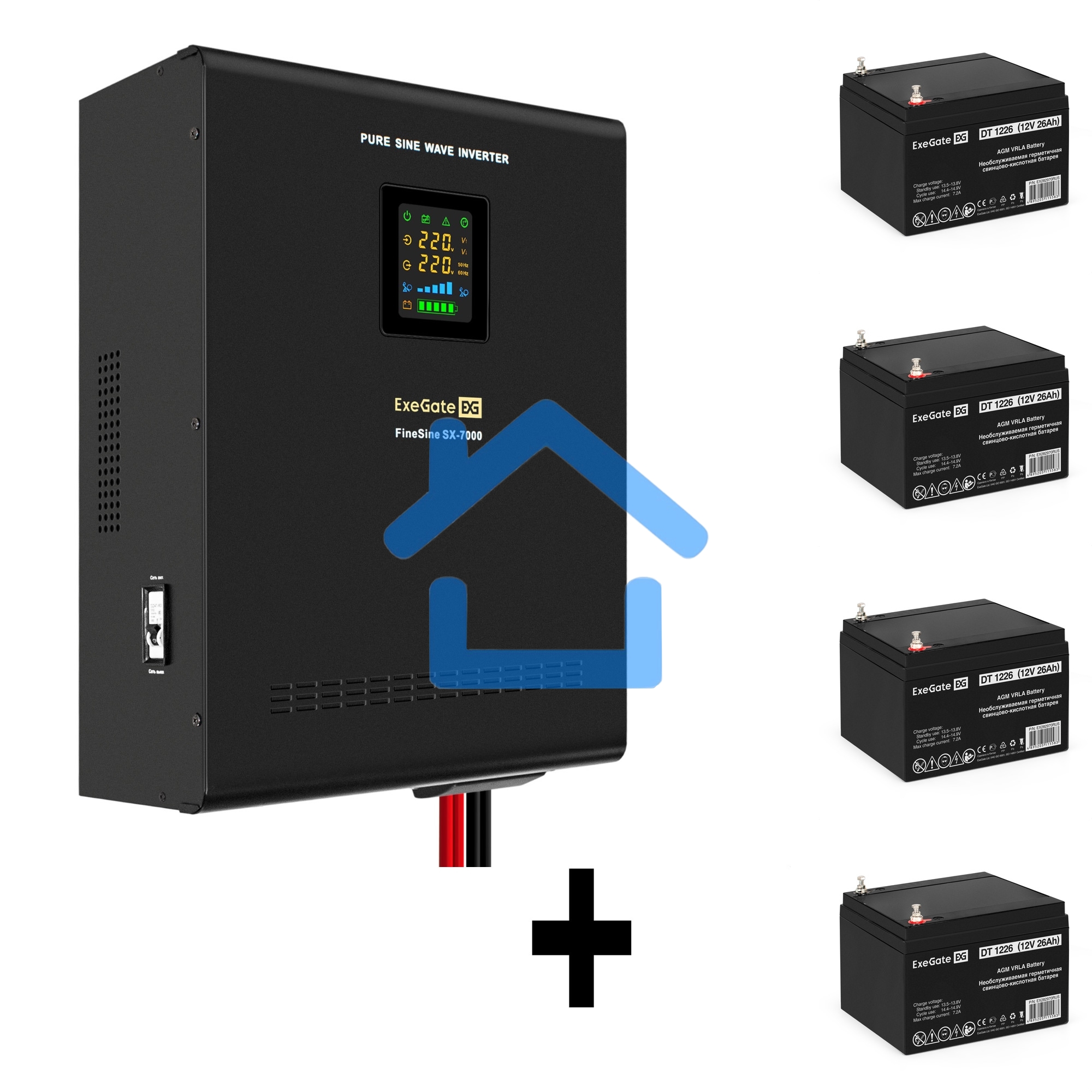 Комплект Источник бесперебойного питания EX296005RUS + батарея 26Aч EX282970RUS 4шт (инвертор, синус, для котла, настенный) ExeGate FineSine SX-7000.LCD.AVR.2SH.T <7000VA/5000W, чистая синусоида, цветной LCD-дисплей, AVR, 2*Schuko+клеммы, линейно-интеракт