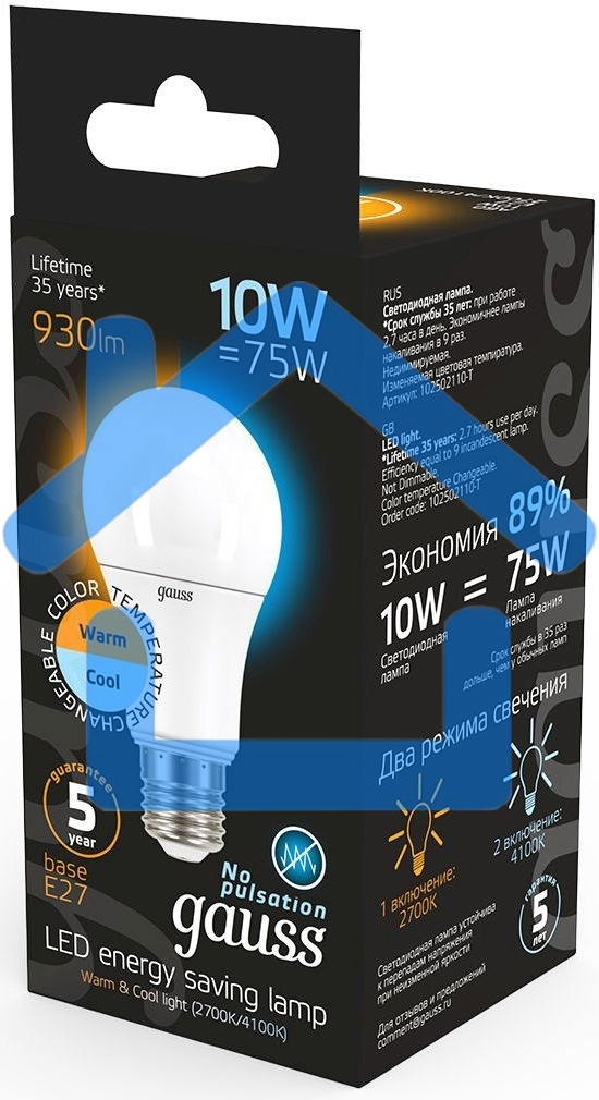 Лампа светодиодная LED A60 E27 10Вт 2700К/4100К CTC Gauss 102502110-T