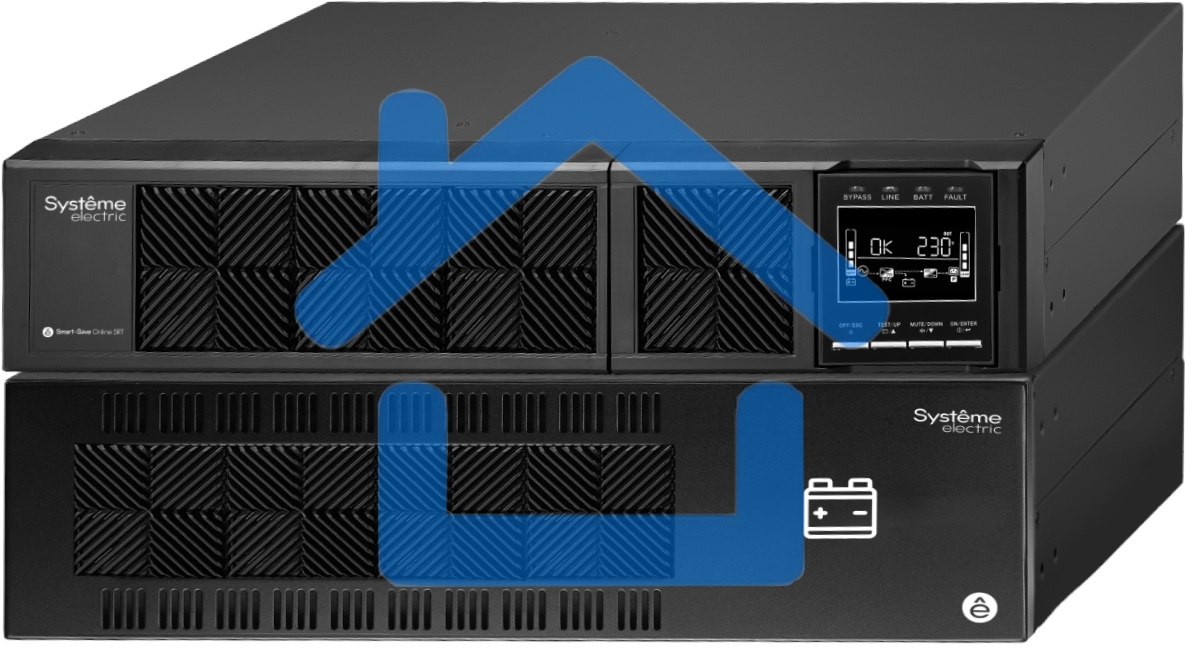 Источник бесперебойного питания Smart-Save Online SRT Systeme Electric 6000 ВА, конвертируемый форм-фактор 5U, 230 В, 1:1, клеммный вход/выход, SmartSlot, LCD, USB HID, SNMP карта, параллельное резервирование, версия с возможностью увеличения времени авто