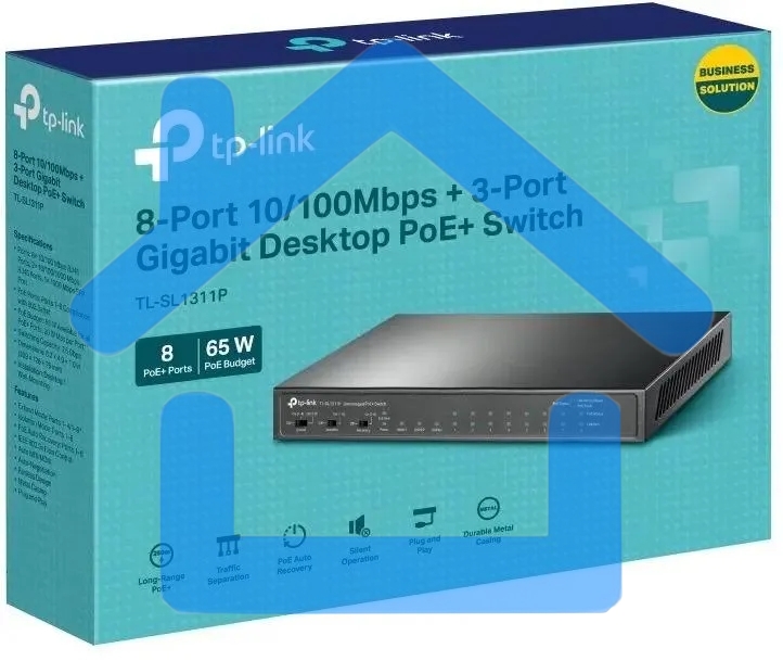 Настольный коммутатор TP-Link TL-SL1311P, 8 портов 10/100 Мбит/с с поддержкой PoE+, 2 гигабитных порта без поддержки PoE, 1 порт SFP, 802.3af/at, бюджет PoE — 65 Вт, стальной корпус
