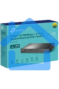 Настольный коммутатор TP-Link TL-SL1311P, 8 портов 10/100 Мбит/с с поддержкой PoE+, 2 гигабитных порта без поддержки PoE, 1 порт SFP, 802.3af/at, бюджет PoE — 65 Вт, стальной корпус