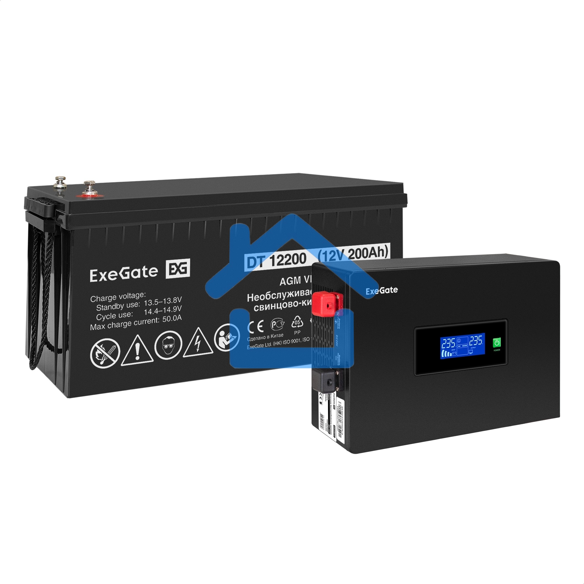 Комплект Источник бесперебойного питания EX295992RUS + батарея 200Aч EX282991RUS 1шт (инвертор, синус, для котла, PF=1, настенный) ExeGate IdealSine SR-600.LCD.2SH <600VA/600W, чистая синусоида, цветной LCD-дисплей, 2*Schuko, крепление настенное, черный> 