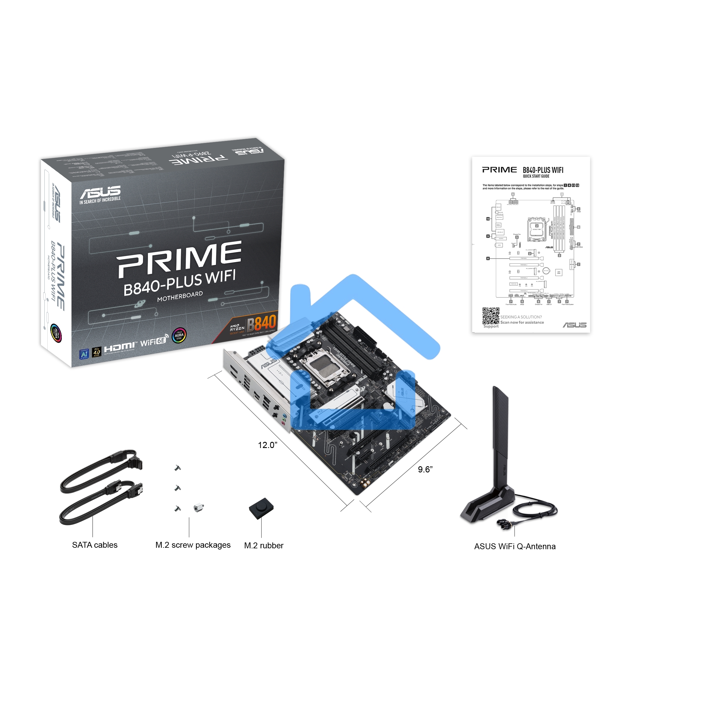 Материнская плата ASUS PRIME B840-PLUS WIFI, AM5, AMD B840, 4xDDR5, 4xSATA, 3xM.2, 1xPCIe 4.0 x16, 1xPCIe 3.0 x16, 2xPCIe 3.0 x16, 1xPCIe 3.0 x1, 1xDP, 1xHDMI, 1x 2.5Gb LAN, 8xUSB-A, 3x3.5 мм, 7.1, ATX