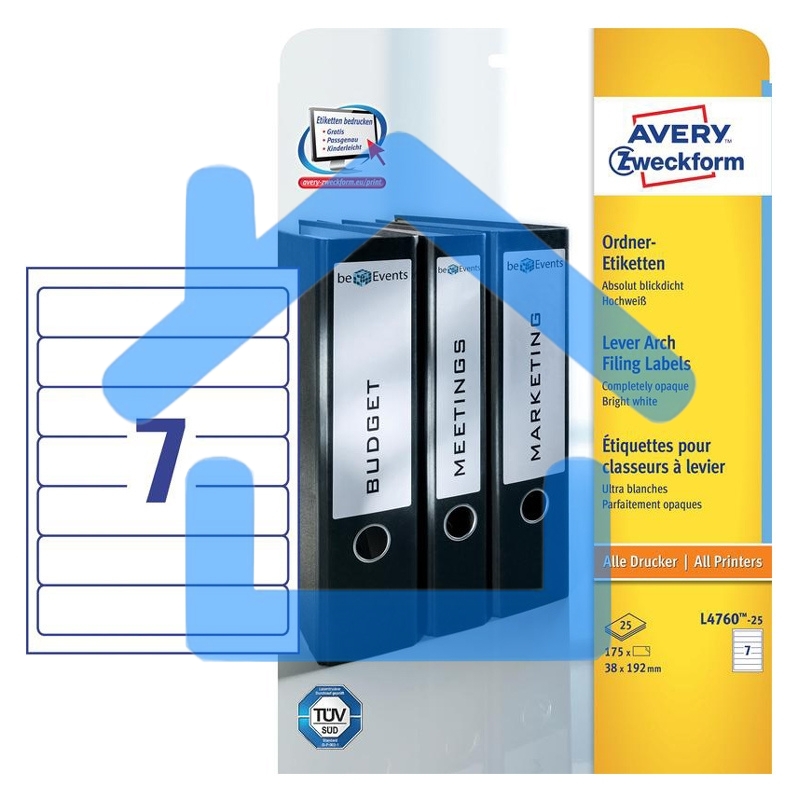 Этикетки Avery Zweckform L4760-25 A4 38x192мм 7шт на листе/80г/м2/25л./белый самоклей. универсальная