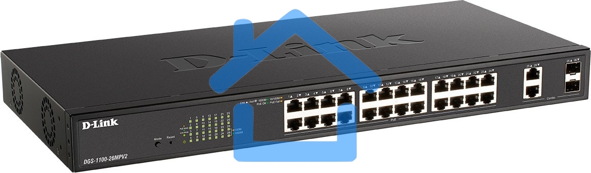 Настраиваемый L2 коммутатор D-Link DGS-1100-26MPV2/A3A с 24 портами 10/100/1000Base-T и 2 комбо-портами 1000Base-T/SFP (24 порта PoE 802.3af/at, PoE-бюджет 370 Вт)