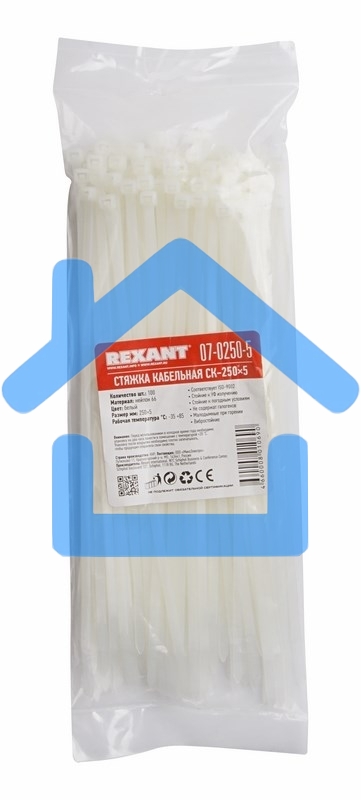 Хомут-стяжка кабельная нейлоновая Rexant 250 x4,8 мм, белая, упаковка 100 шт.