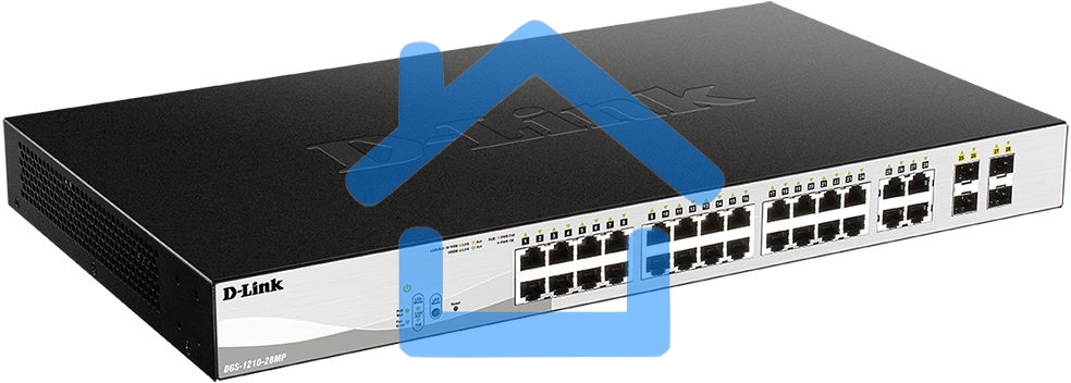 Коммутатор D-Link DGS-1210-28MP/FL1A, L2 Managed Switch with 24 10/100/1000Base-T ports and 4 100/1000Base-T/SFP combo-ports (24 PoE ports 802.3af/802.3at (30 W), PoE Budget 370 W).8K Mac address, 802.3x Flow C
