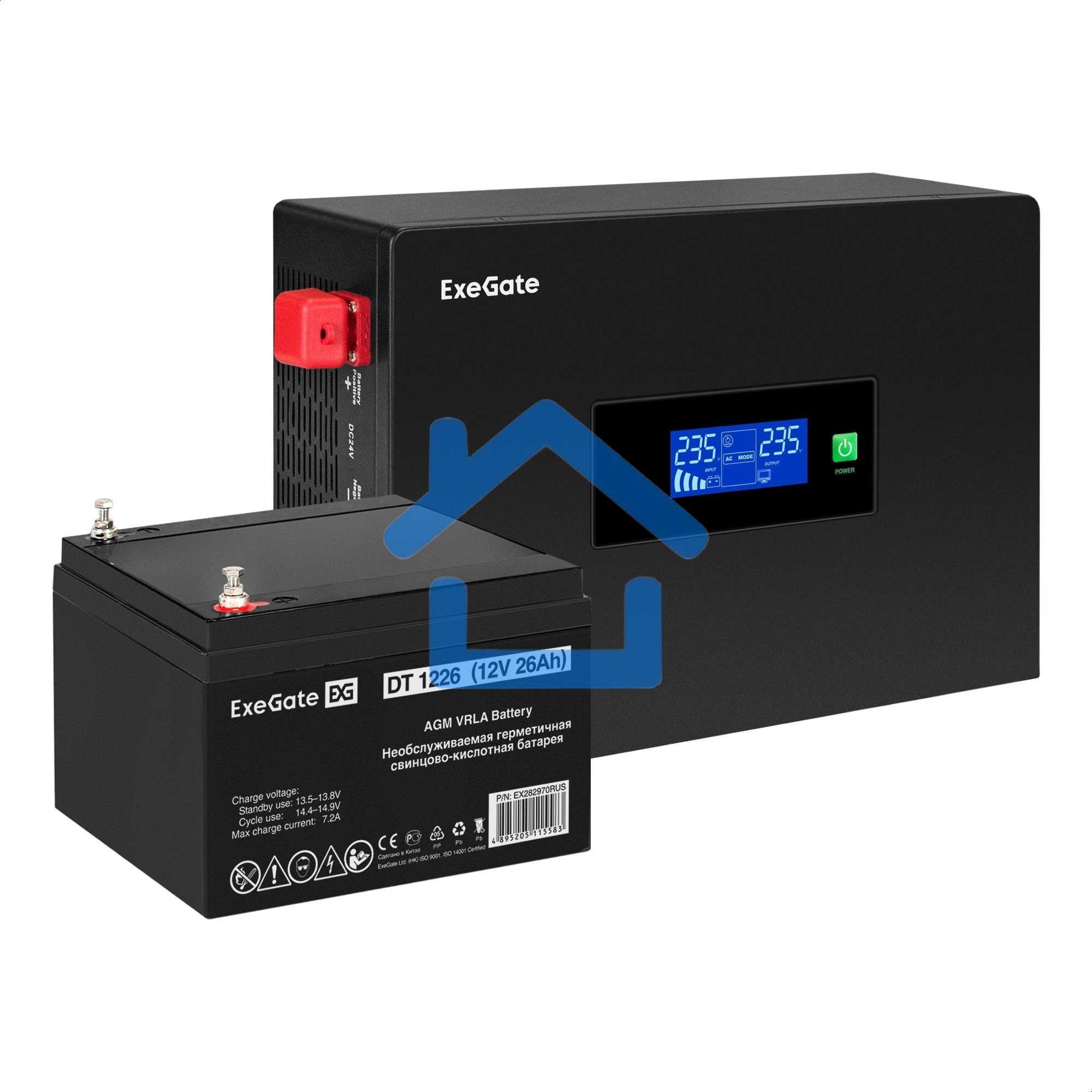 Комплект Источник бесперебойного питания EX295992RUS + батарея 26Aч EX282970RUS 1шт (инвертор, синус, для котла, PF=1, настенный) ExeGate IdealSine SR-600.LCD.2SH <600VA/600W, чистая синусоида, цветной LCD-дисплей, 2*Schuko, крепление настенное, черный> +